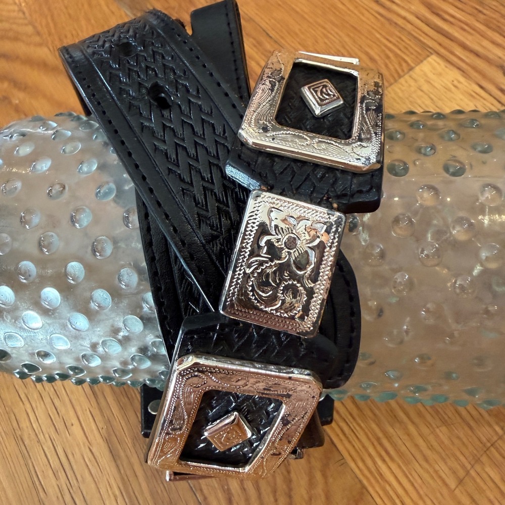 3-D Belt Company Mens Black Leather Basketweave Western Concho Belt 32 6050